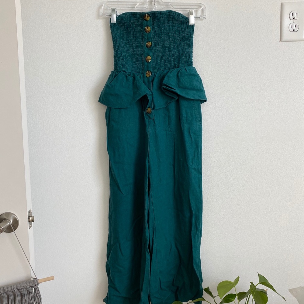 Teal Strapless jumpsuit with ruffles